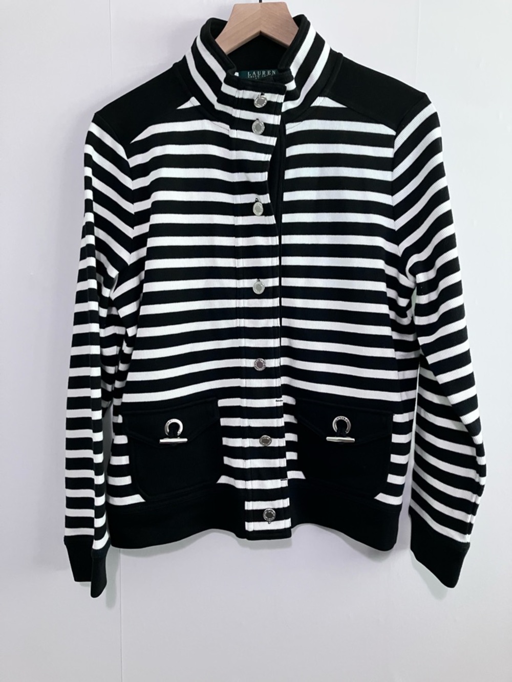 Lauren Ralph Lauren Black & White Striped Button Cotton Cardigan Size Large